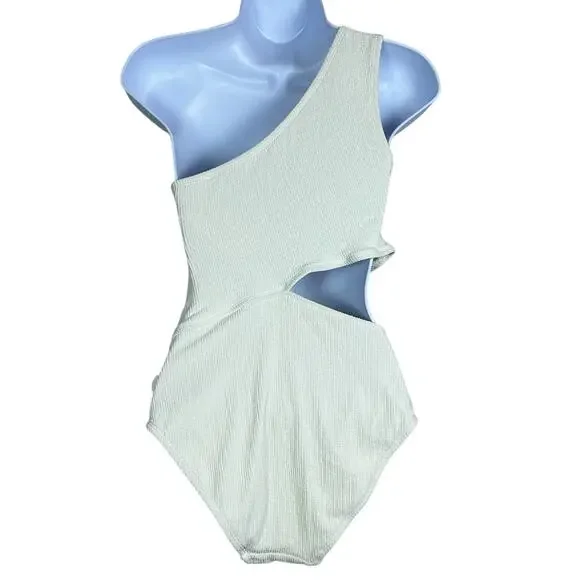 Michael MK Textured One Shoulder Cutout One Piece Swimsuit Cream Women 12 NWT - Picture 4 of 9